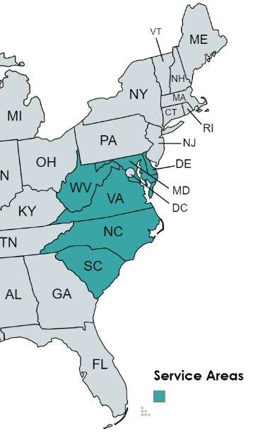 Map of Areas Served Map of areas served highlighting NC, SC, VA, WVA, DE and MD